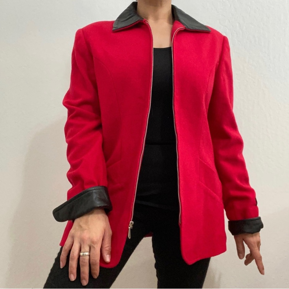 Braebrook Vintage Women’s 7/8 Red Wool Leather Trim Full Zip Jacket Outerwear